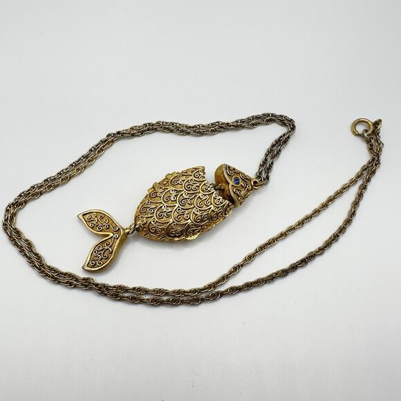 Estate Find MAX FACTOR PENDANT SOLID PERFUME Articulated FISH NECKLACE Vintage - Picture 1 of 5